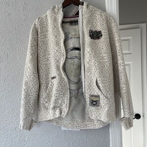 Ecko Unltd. Ecko Unltd Vintage Distressed Hoodie Cream Burgundy Embroidered L